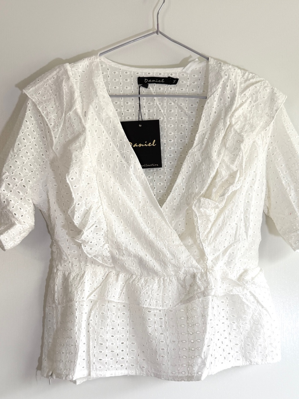 White Eyelet Lace Faux Wrap Blouse Peplum Puff Sleeve